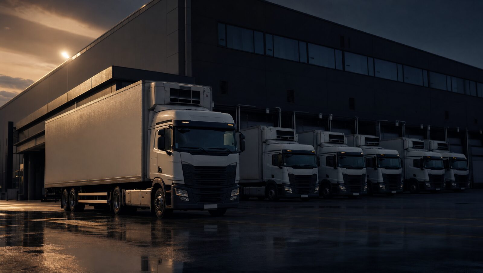 European cold-chain distribution facility at dusk